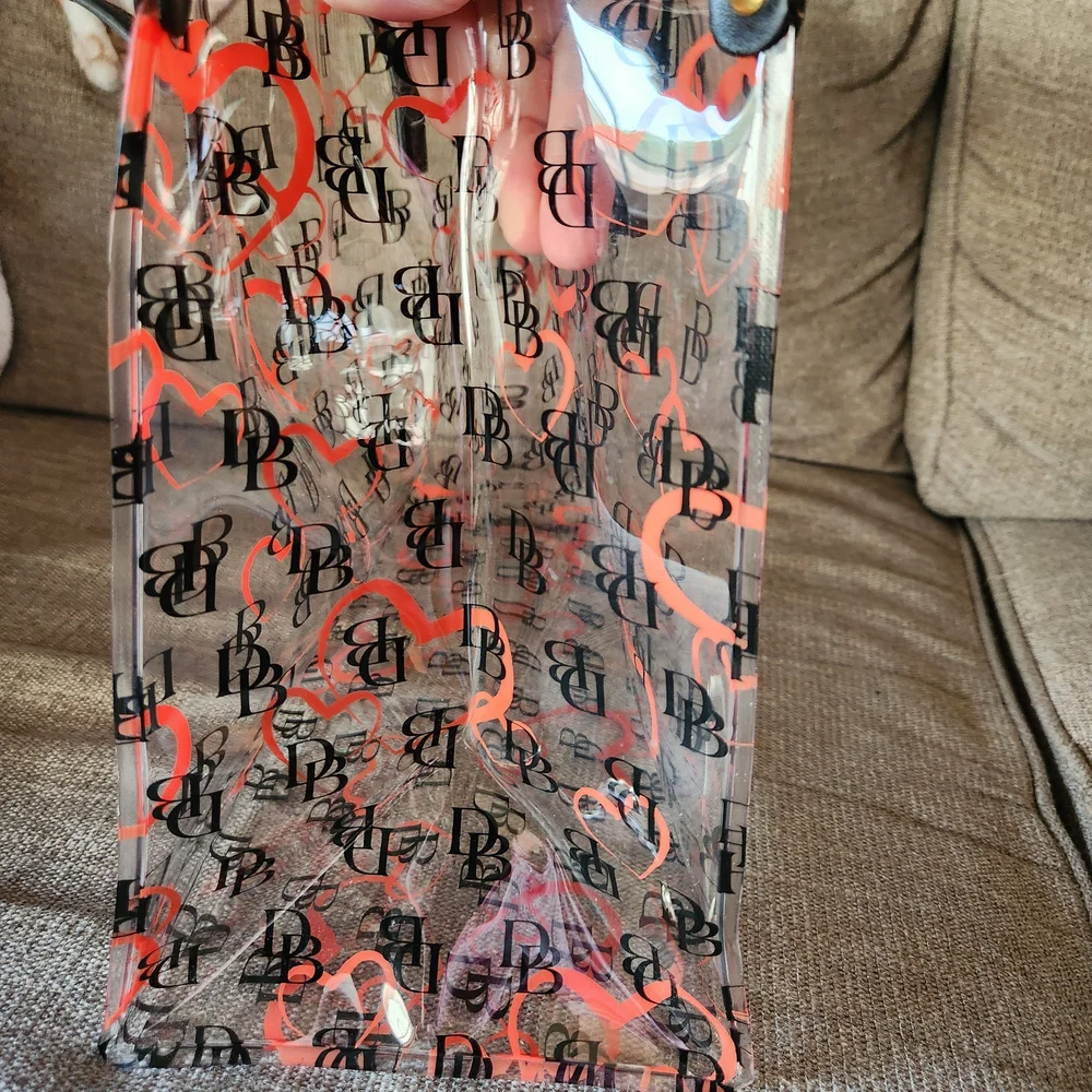 Dooney & Bourke Clear PVC Tote and Zip Pouch with Orange Heart Print - Picture 4 of 10